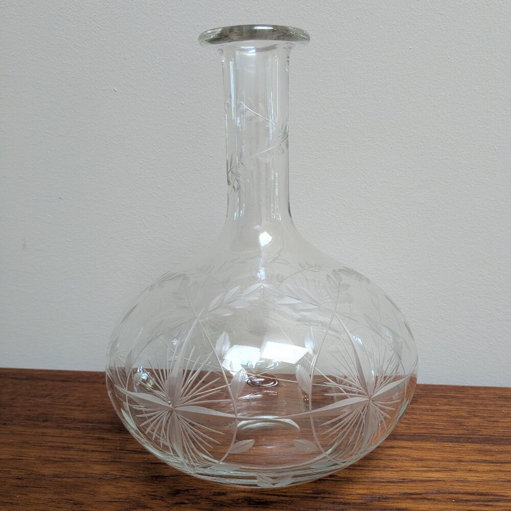 Vintage Etched Glass Decanter - Leaf & Floral Pattern - 8.5" Tall